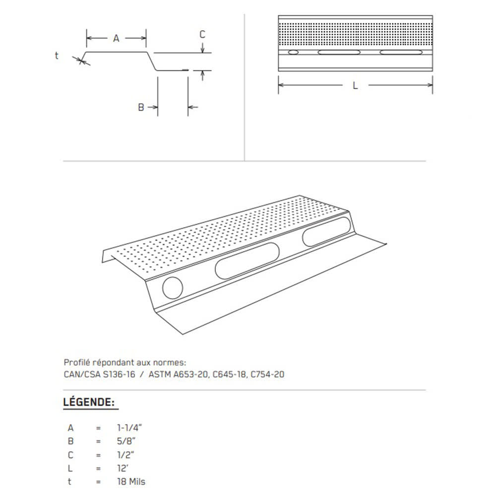 Barre résiliente en acier galvanisé 12&nbsp;pi Calibre&nbsp;26 0,018&nbsp;po