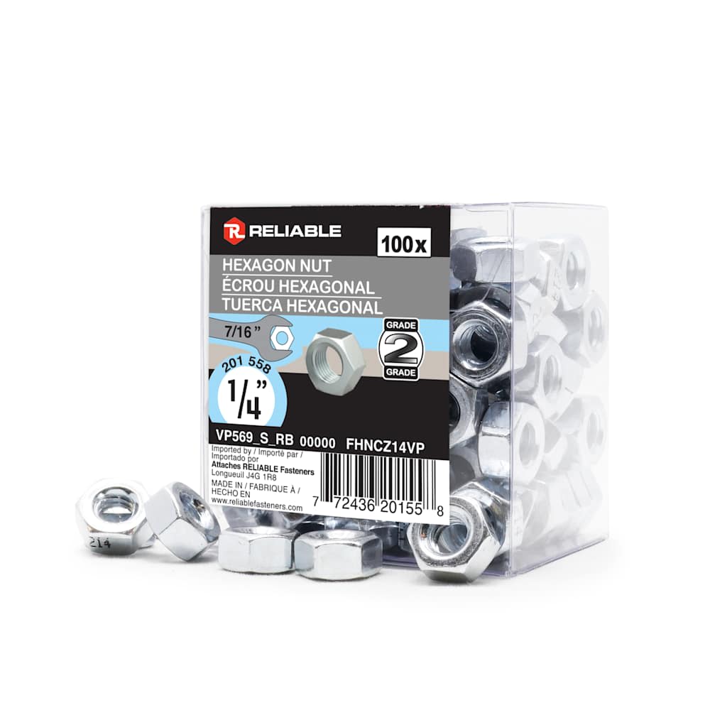 Écrous hexagonaux 1/4 po Pqt/100