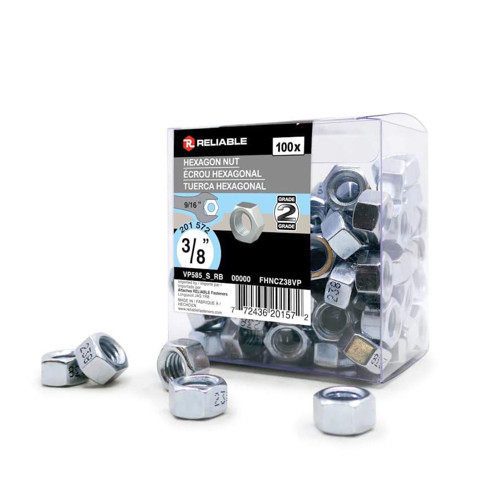 Écrous hexagonaux 3/8 po Pqt/100