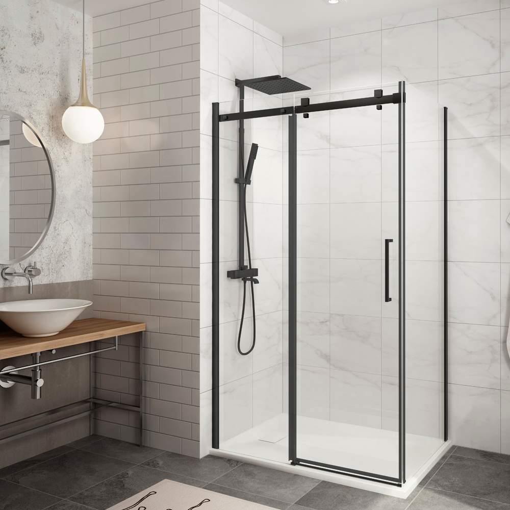 Douche en coin Alaska à base surbaissée finition carrée noire 48&nbsp;po&nbsp;x&nbsp;32&nbsp;po TASSILI SUPRA