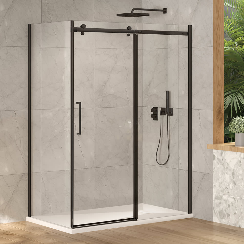 Douche en coin Alaska à base surbaissée finition ronde noire 60 po x 36 po TASSILI SUPRA