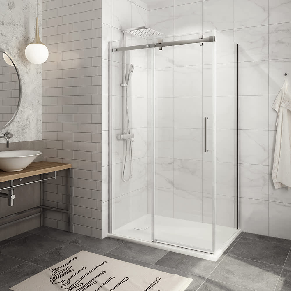 Douche en coin Alaska à base surbaissée finition carrée chrome 48&nbsp;po&nbsp;x&nbsp;32&nbsp;po TASSILI SUPRA