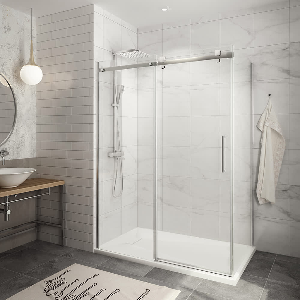 Douche en coin Alaska à base surbaissée finition carrée chrome 60&nbsp;po&nbsp;x&nbsp;36&nbsp;po TASSILI SUPRA