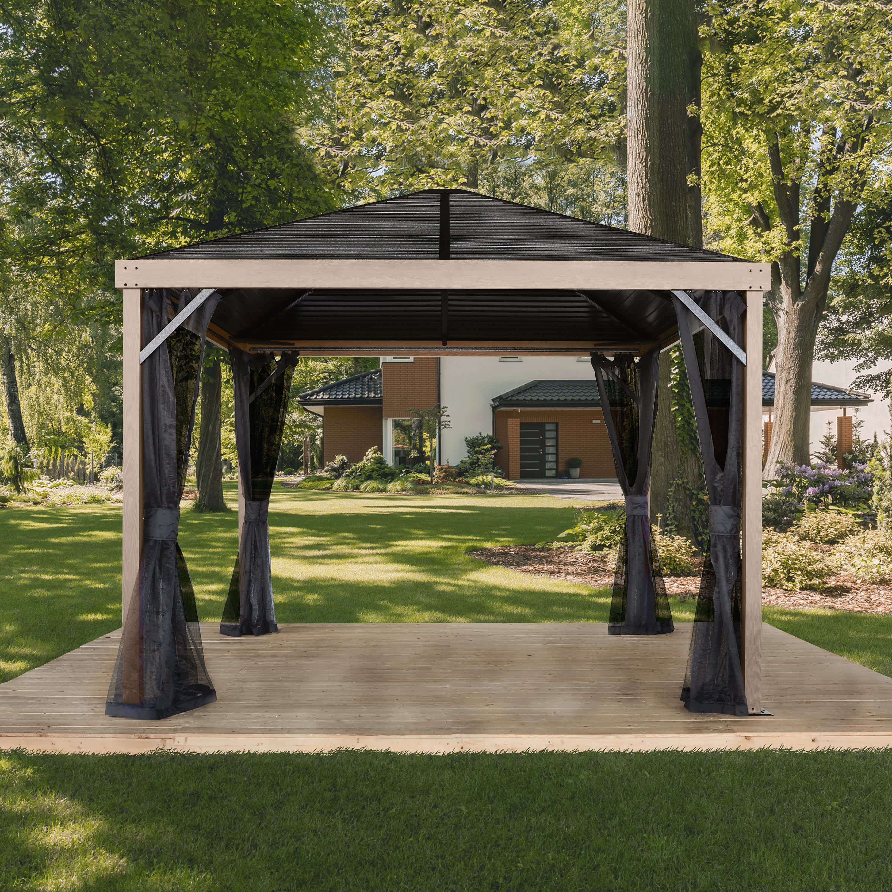 Sanibel Black and Wood Effect Aluminum and Steel Sun Shelter 10&nbsp;ft.&nbsp;x&nbsp;10&nbsp;ft.