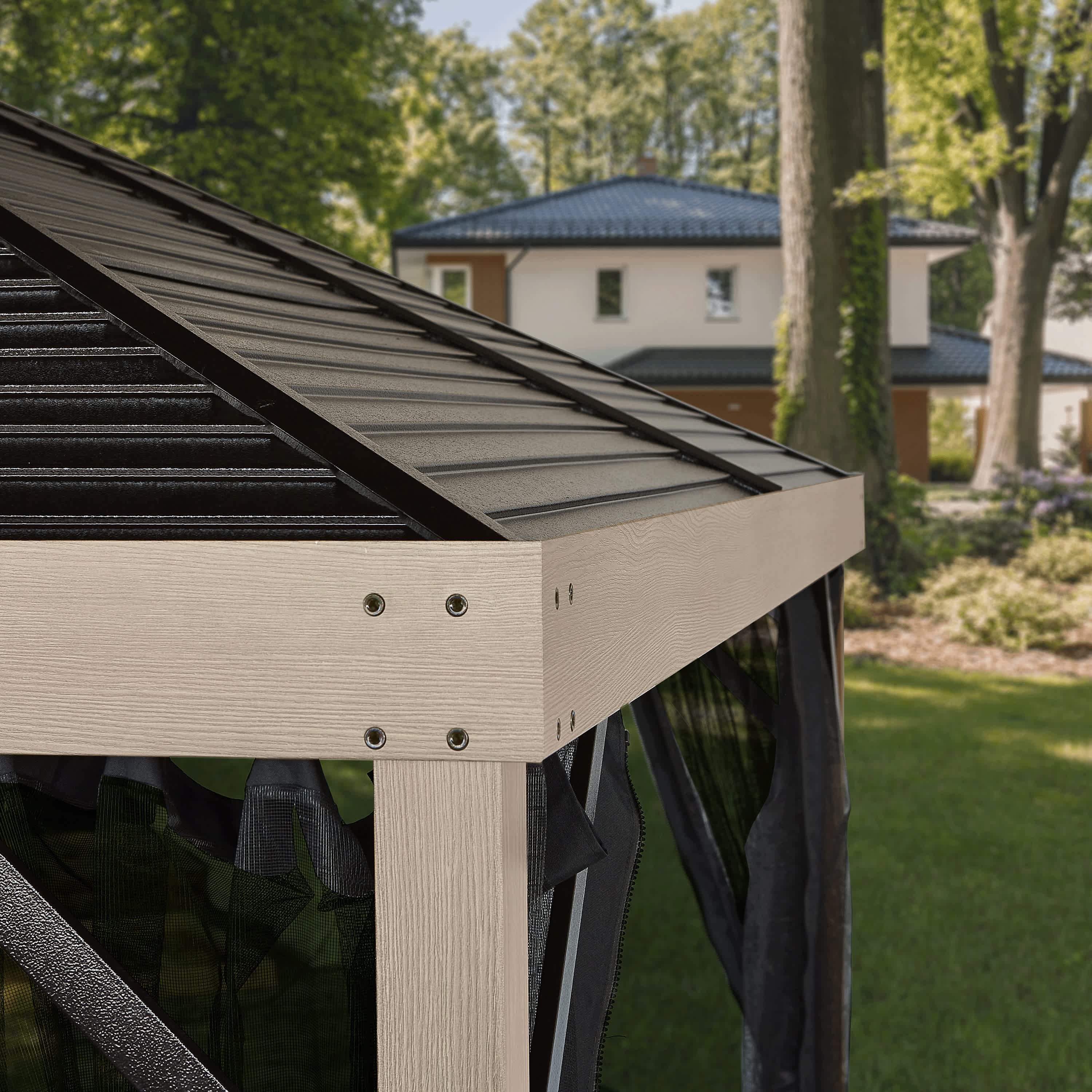 Sanibel Black and Wood Effect Aluminum and Steel Sun Shelter 10&nbsp;ft.&nbsp;x&nbsp;10&nbsp;ft.