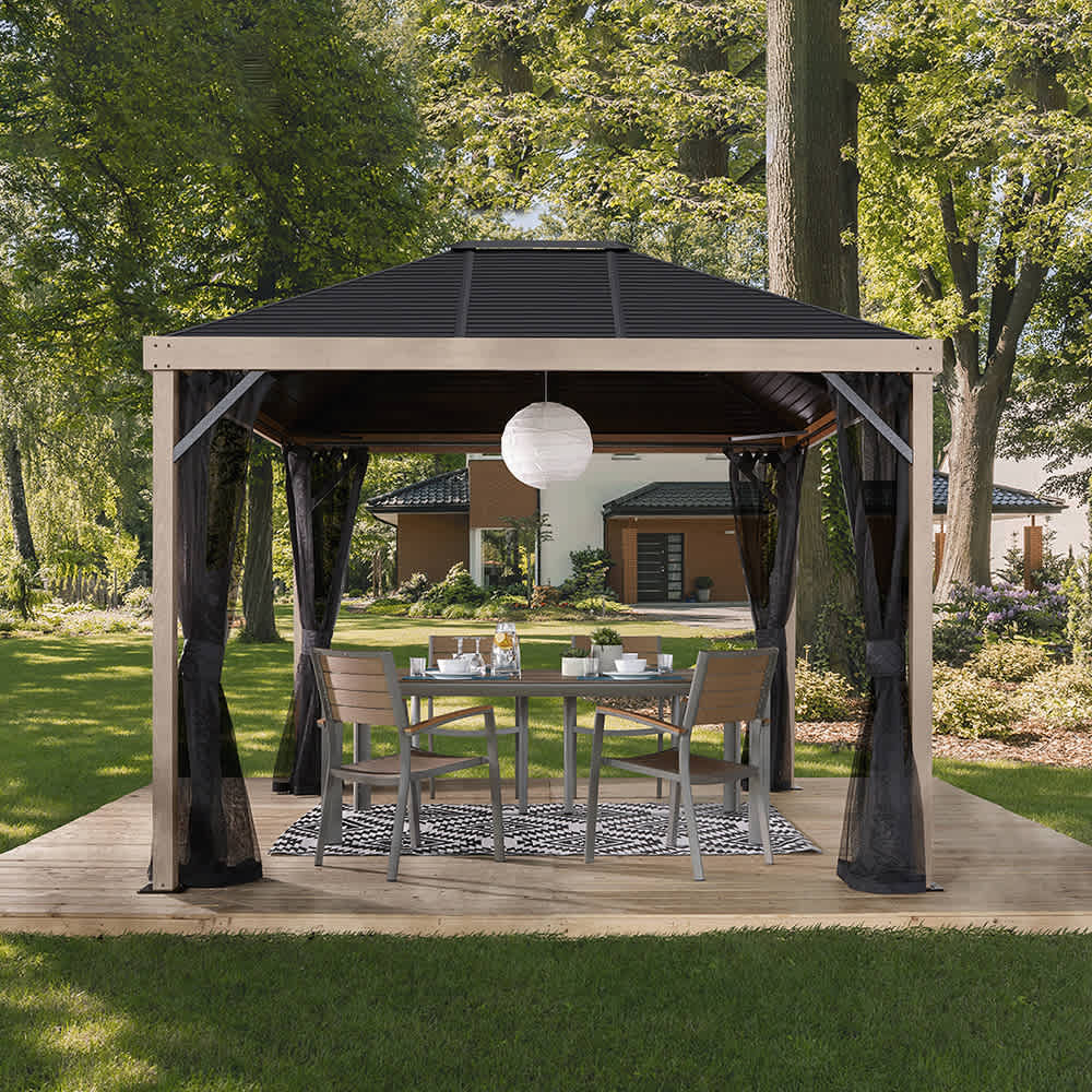 Sanibel Black and Wood Effect Aluminum and Steel Sun Shelter 10&nbsp;ft.&nbsp;x&nbsp;12&nbsp;ft.