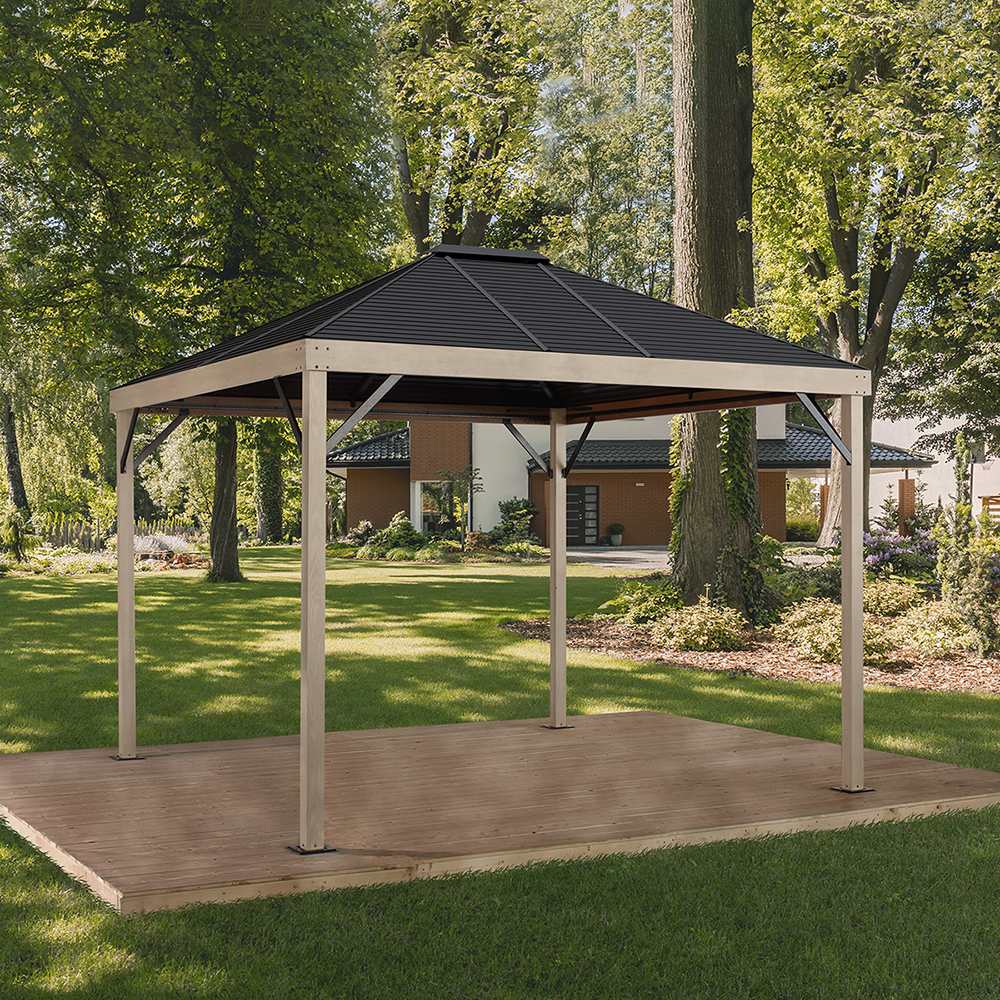 Sanibel Black and Wood Effect Aluminum and Steel Sun Shelter 10&nbsp;ft.&nbsp;x&nbsp;12&nbsp;ft.