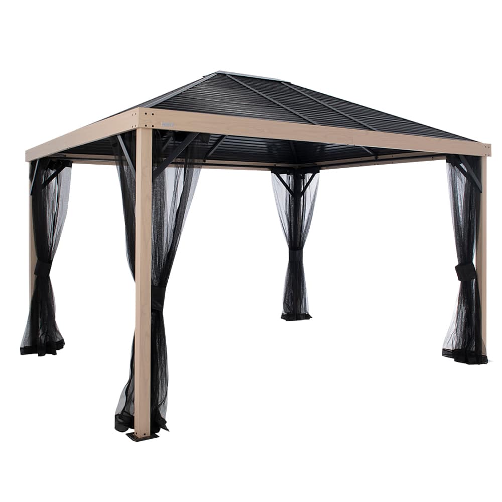 Abri soleil en aluminium et acier Sanibel effet bois et noir 10&nbsp;pi&nbsp;x&nbsp;12&nbsp;pi