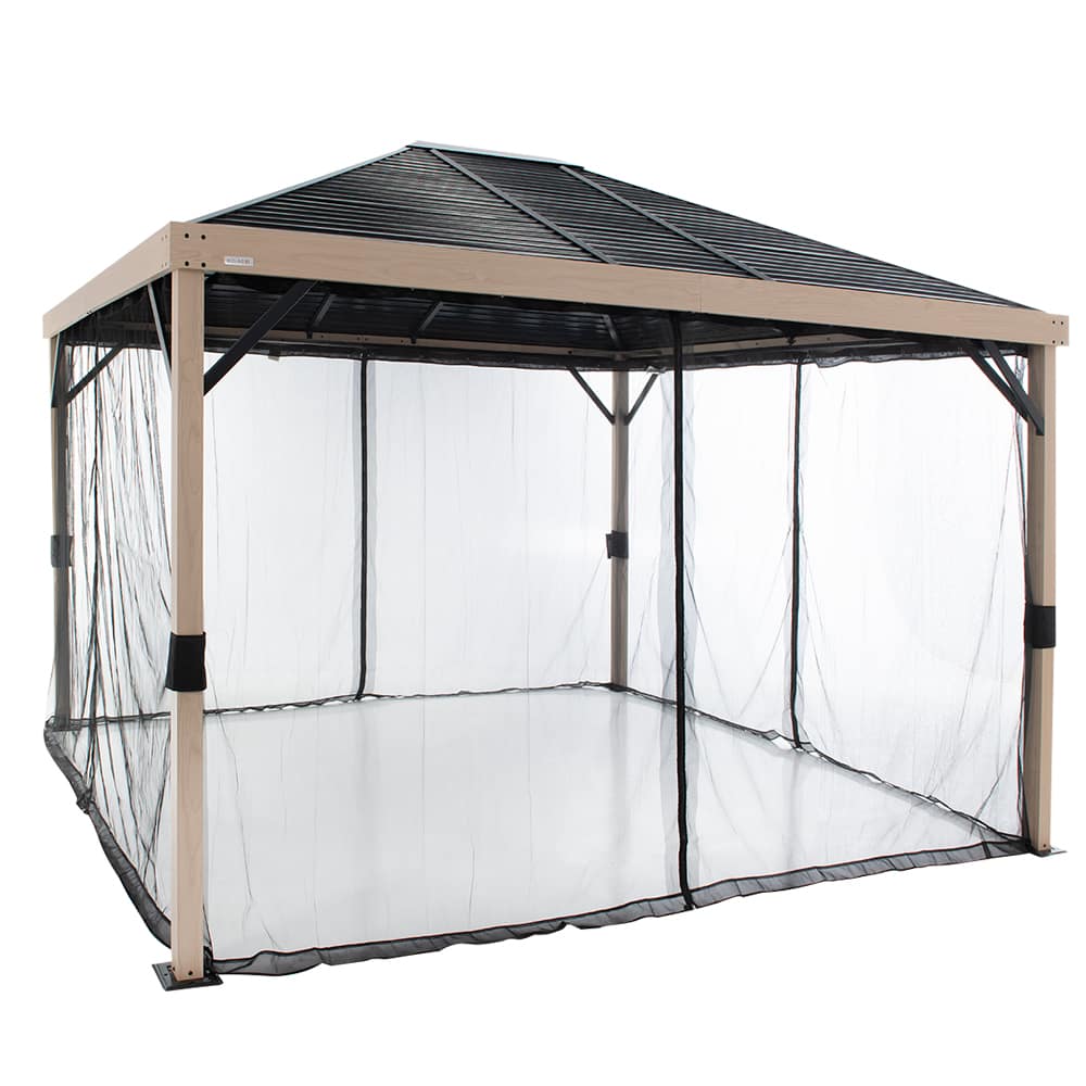 Abri soleil en aluminium et acier Sanibel effet bois et noir 10&nbsp;pi&nbsp;x&nbsp;12&nbsp;pi