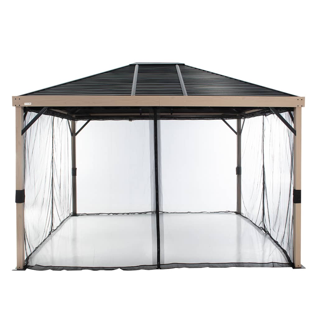 Abri soleil en aluminium et acier Sanibel effet bois et noir 10&nbsp;pi&nbsp;x&nbsp;12&nbsp;pi