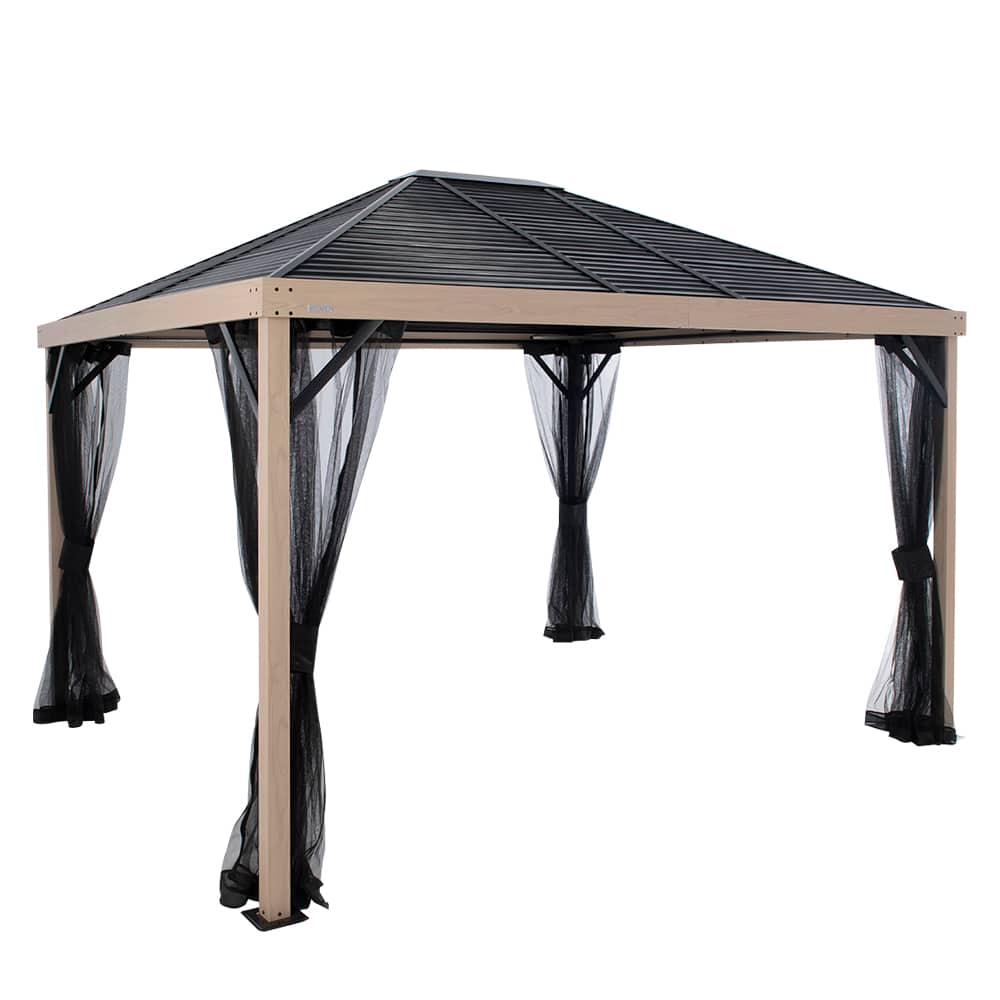 Abri soleil en aluminium et acier Sanibel effet bois et noir 10&nbsp;pi&nbsp;x&nbsp;12&nbsp;pi