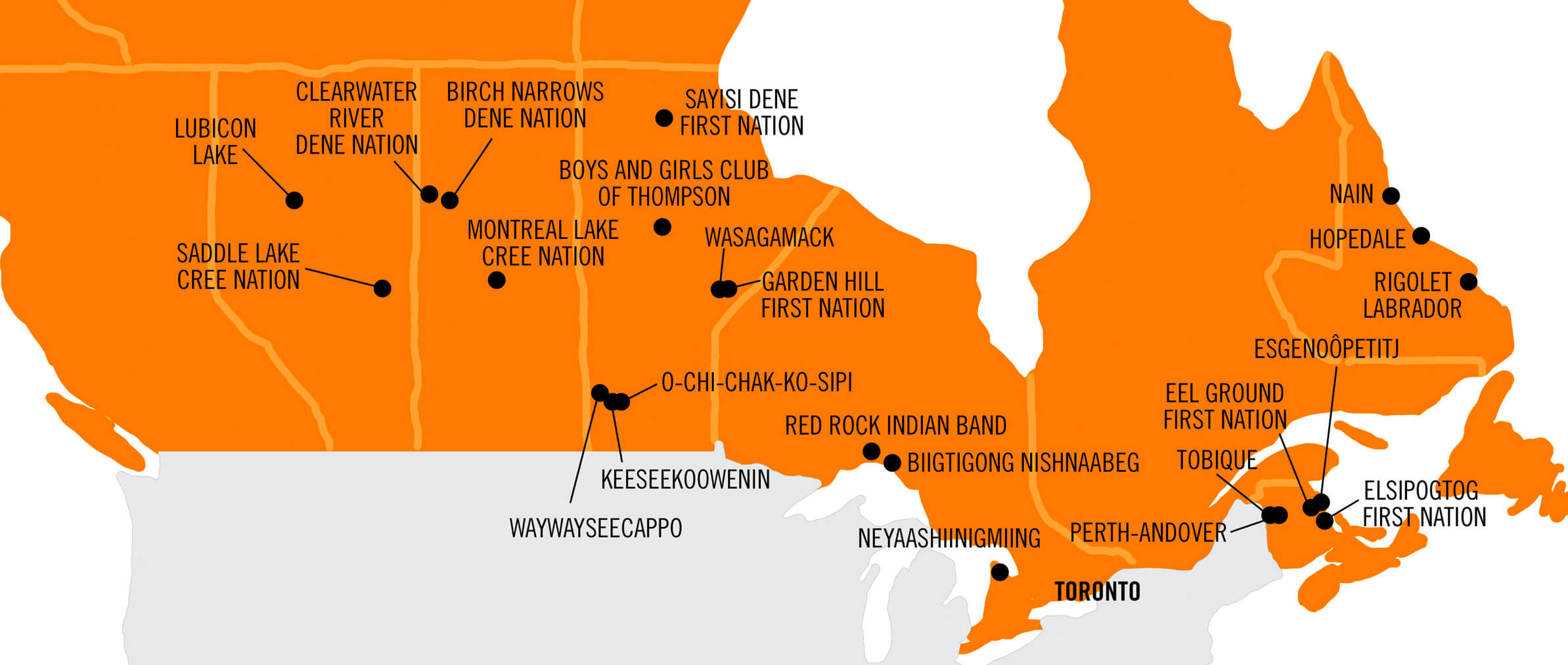 Map showing the location of CFTC's Indigenous partner communities. Donate to indigenous communities in Canada