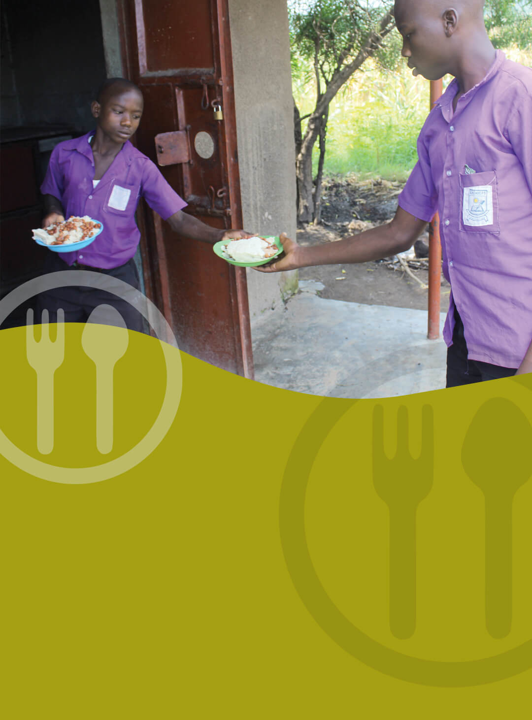 A Ugandan boy (Protas) hands out school meals to his classmates