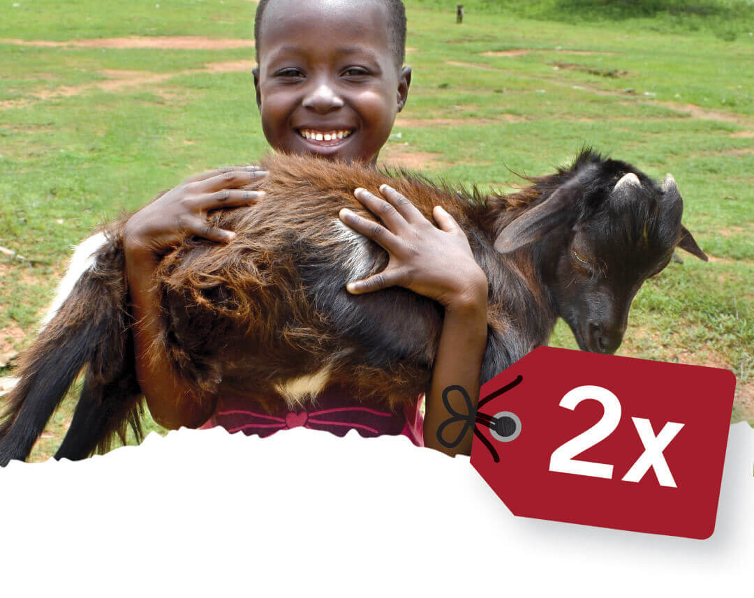 When you give a goat for Christmas real families benefit. Image shows African girl holding a goat.