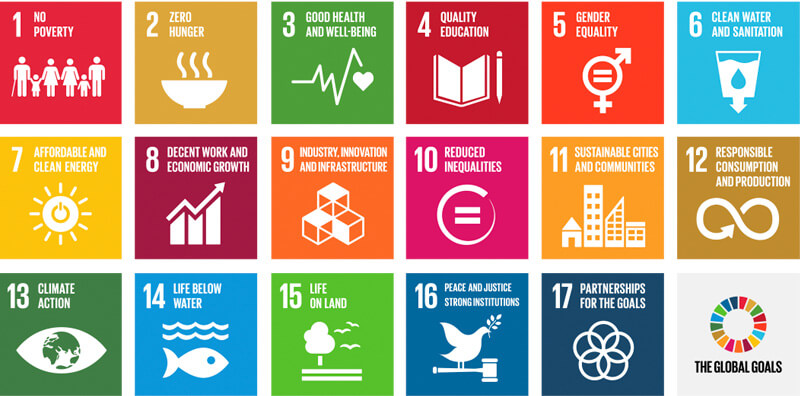 List of the 17 global goals including no poverty, zero hunger, good health and well-being, quality education, gender equality, clean water and sanitation, etc