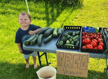 Little boy stands in front of a veggie stand with a Free Veggies sign