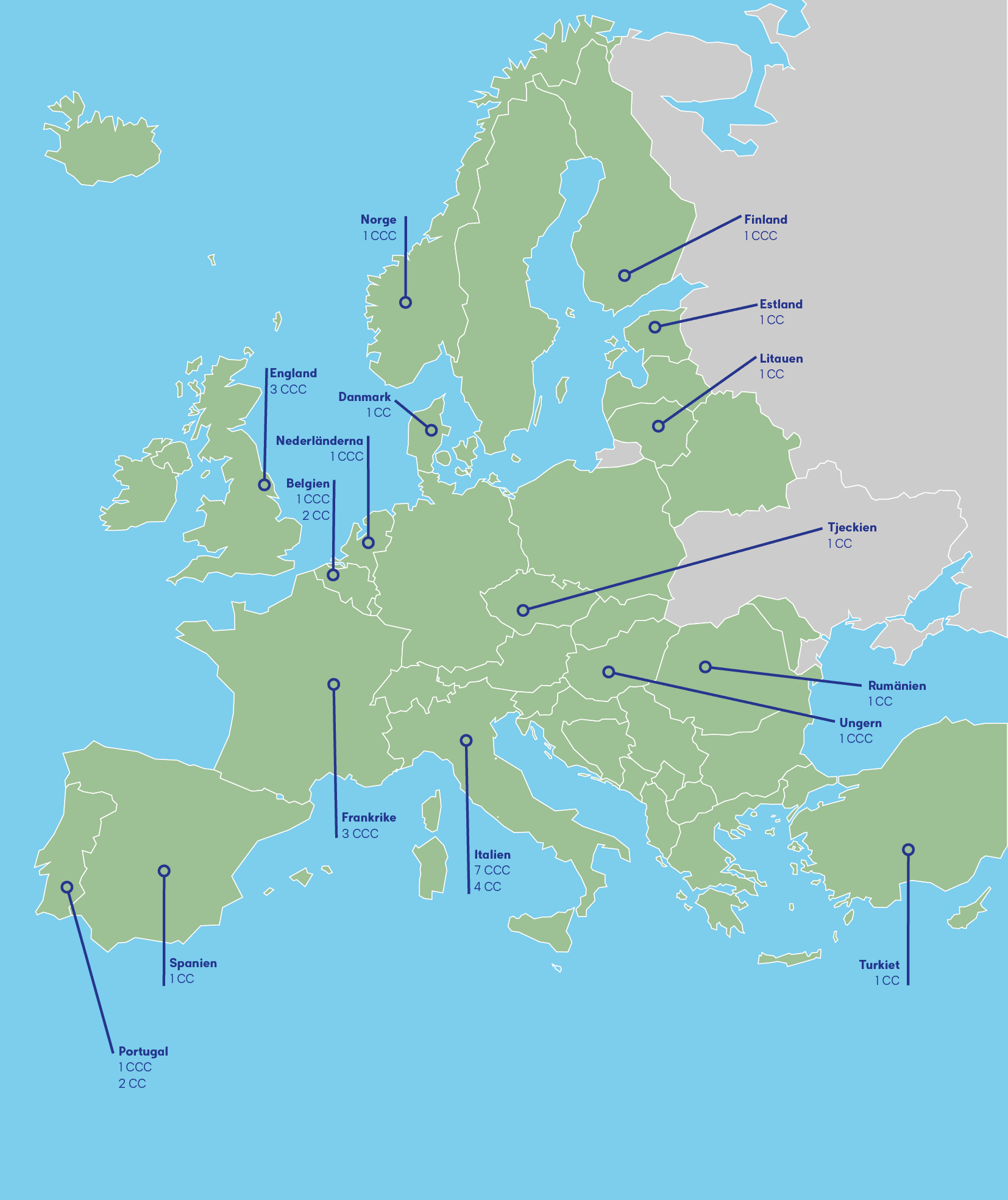 Karta över cancercentrum i Europa.