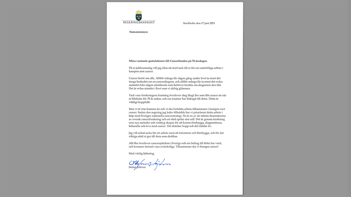 Gratulationshälsningar från statsminister Stefan Löfven