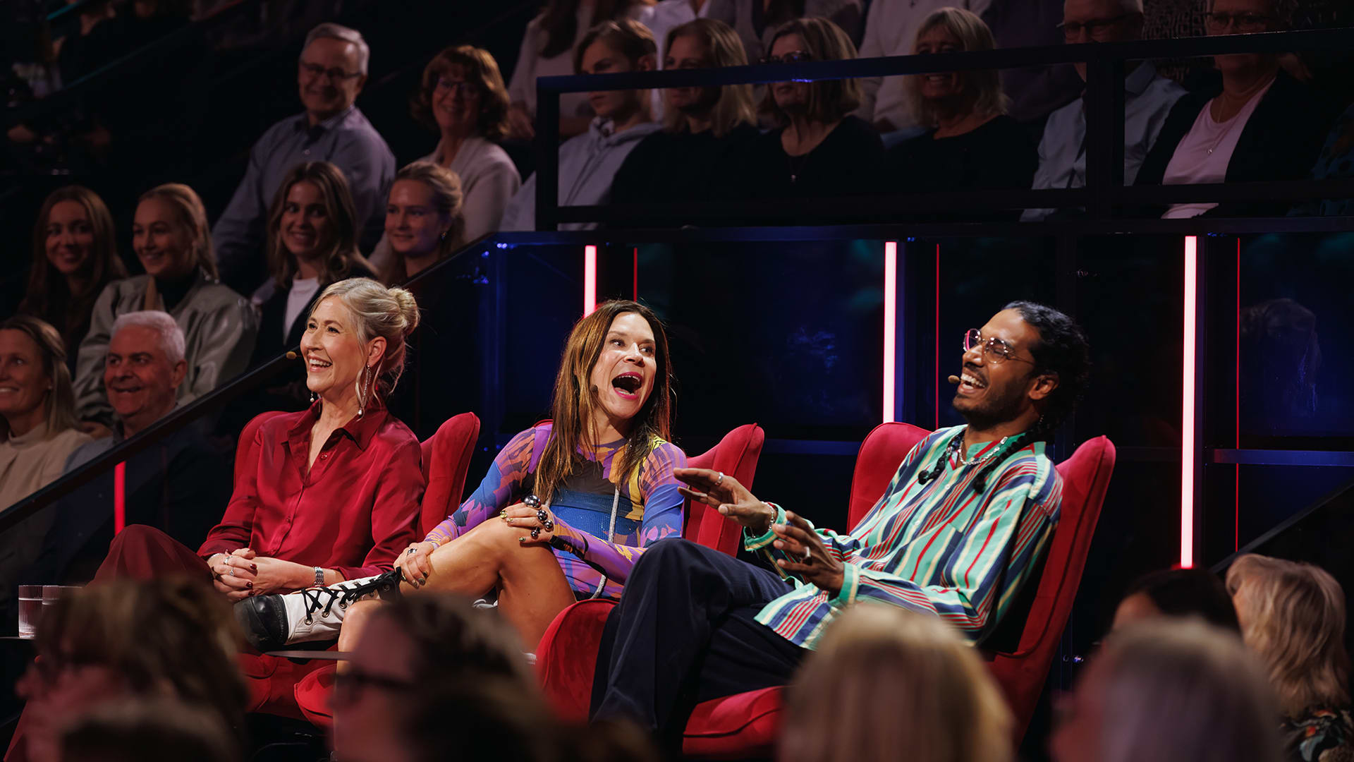 Juryn i Körslaget - Tillsammans mot cancer. Från vänster till höger: Helena Stureborg, Caroline af Ugglas och Cedwin Sandanam.