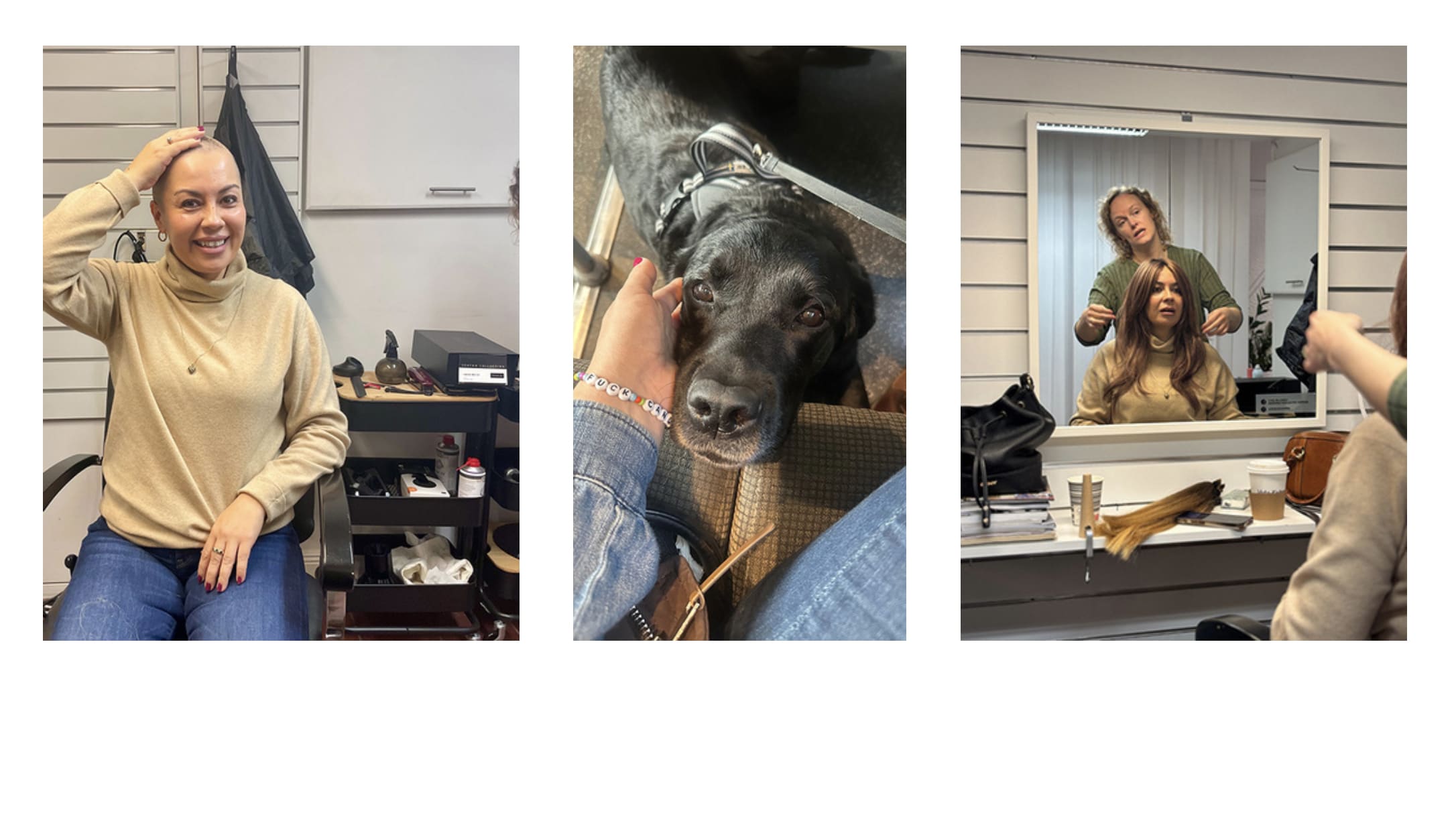 Collage av tre bilder på kvinna i olika faser av sin cancerresa