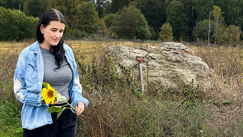 Kvinna går på fält med solros