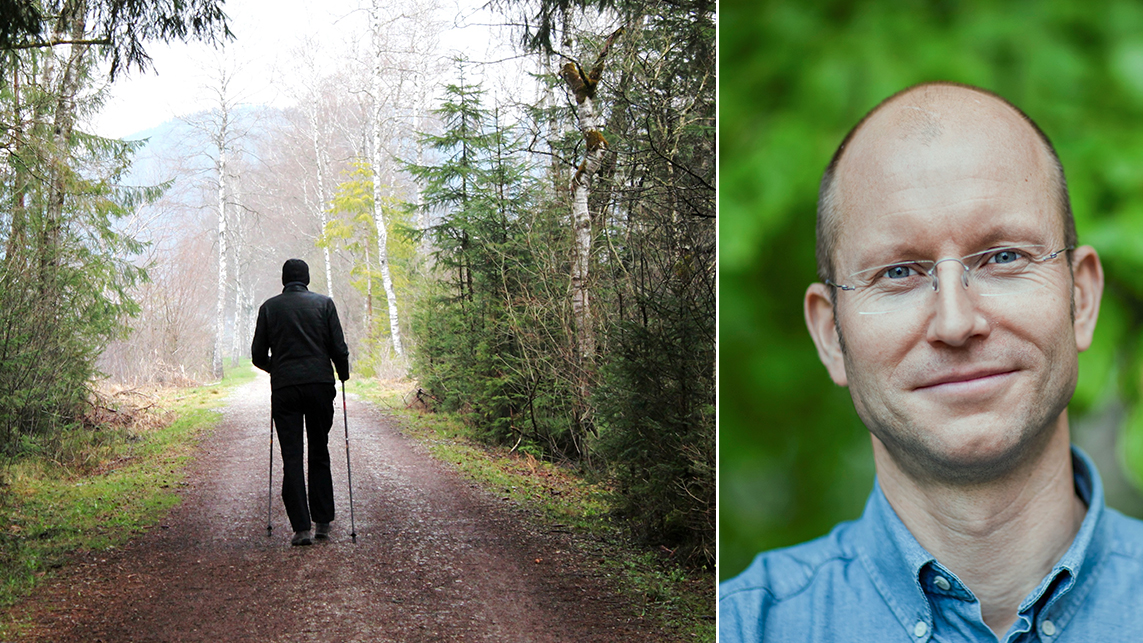 Man som promenerar med stavar plus porträtt av man.