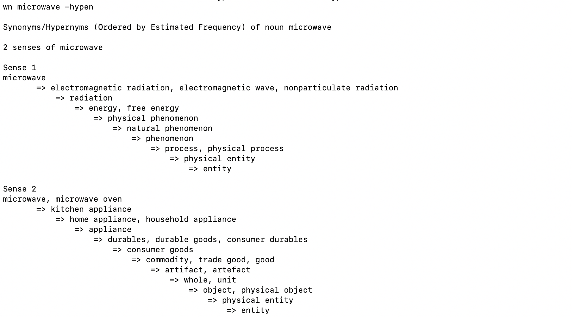 A Synonyms/Hypernym hierarchy WordNet search for the term "microwave."