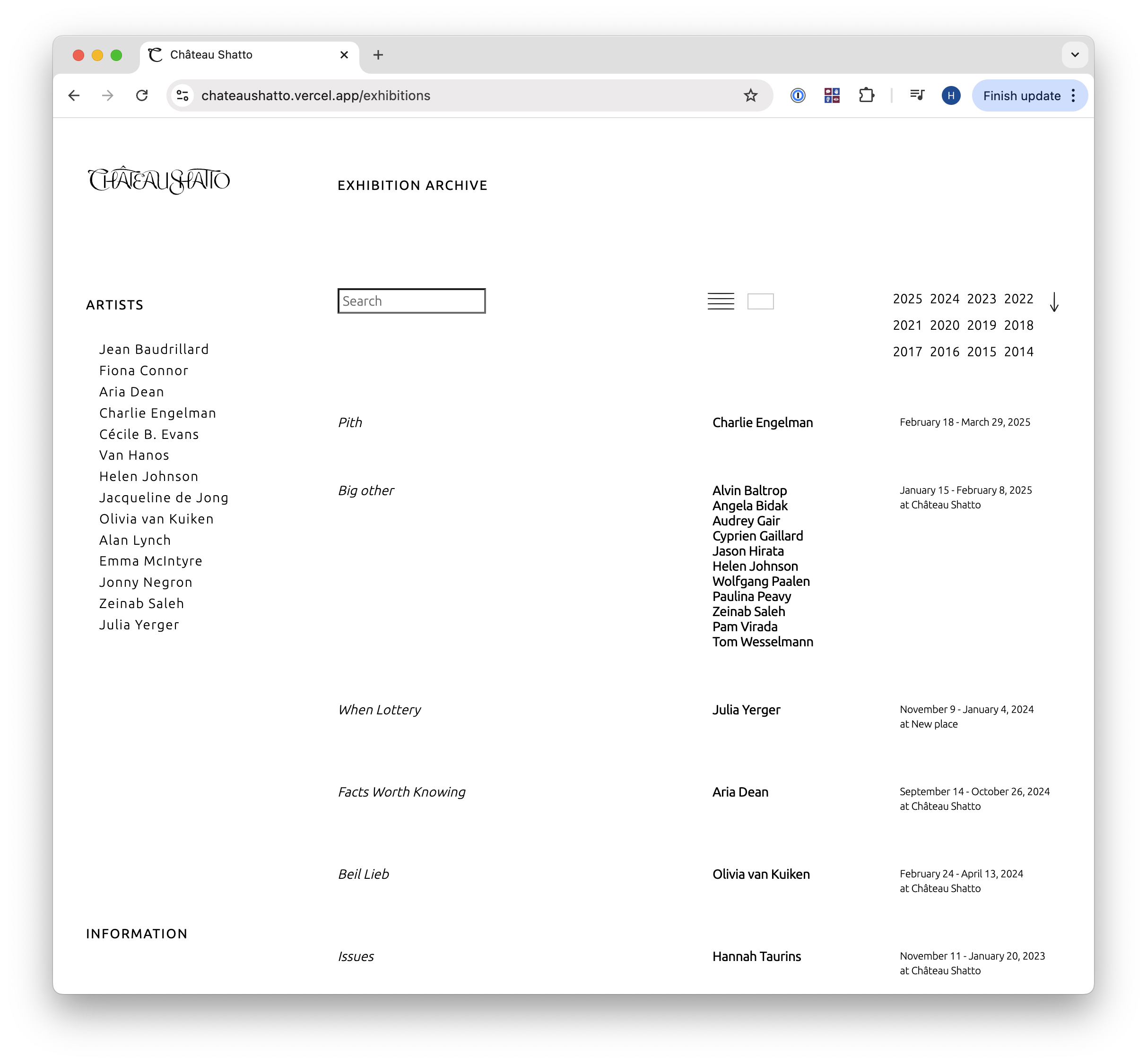 I designed a simple archive to search through exhibitions by artist, title, press release content, and more.