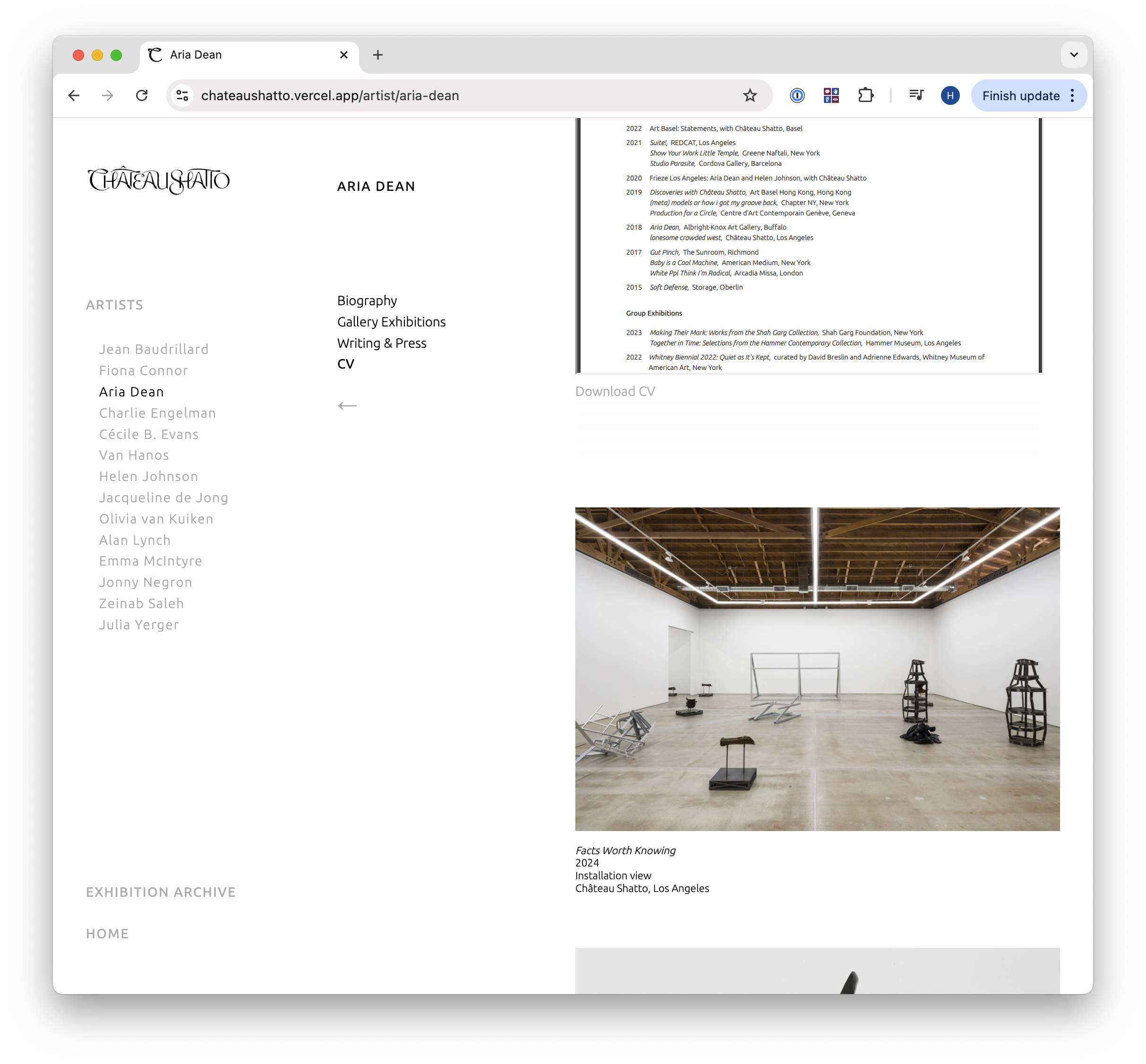 I built a simplified CV tool in the backend CMS for the gallery that renders CVs according to their formatting, which results in a very user-friendly and efficient updating process for the team.