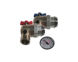 Kuleventil m/union for fordeler 1", albue, m/termom.