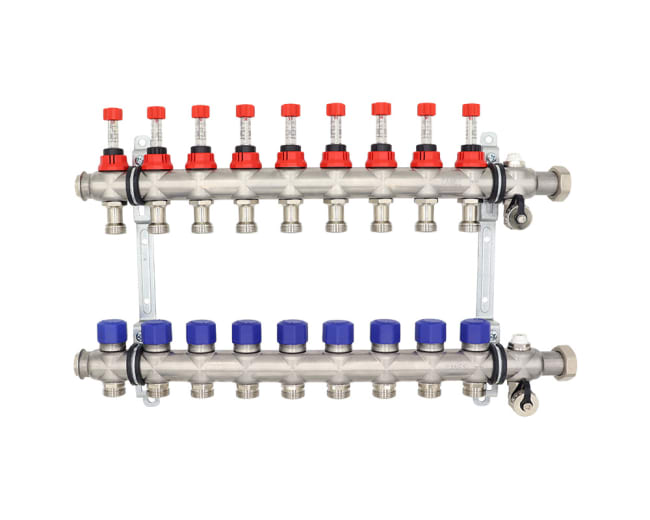 Gulvvarmefordeler 1" RF, 9 krets m/flowmeter