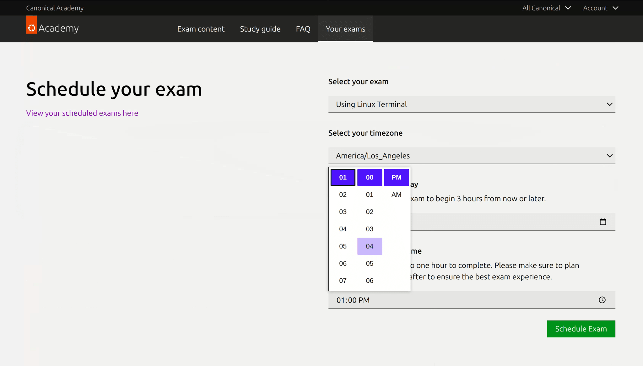 Exam scheduling page