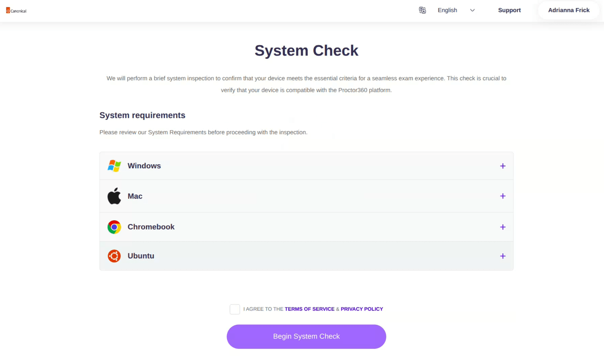 System requirements for exam proctoring