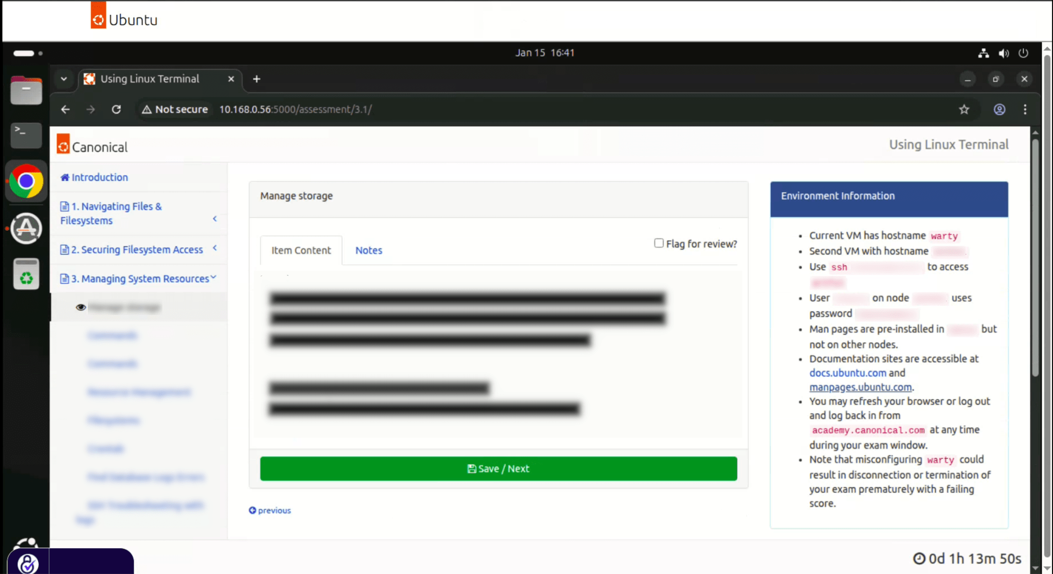 Exam environment during exam