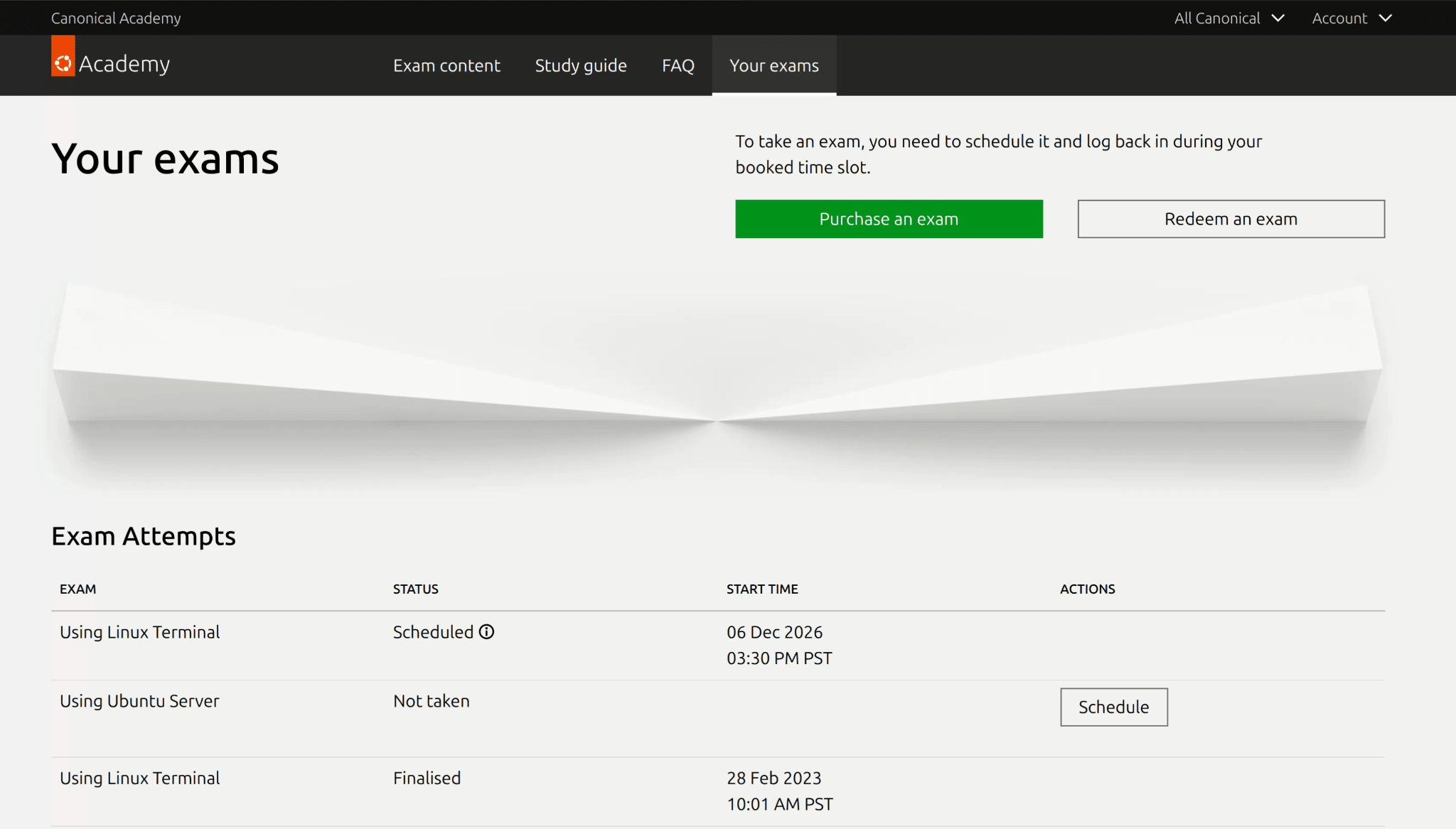 Your exams dashboard