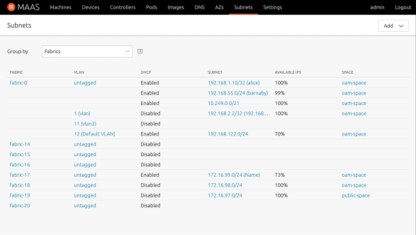 Screenshot of subnets listing page