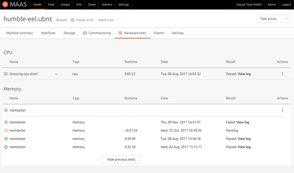 Screenshot of machine hardware tests