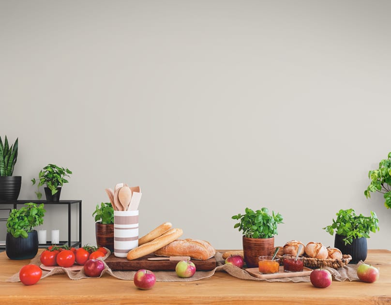 Healthy food on rustic dining room table mockup