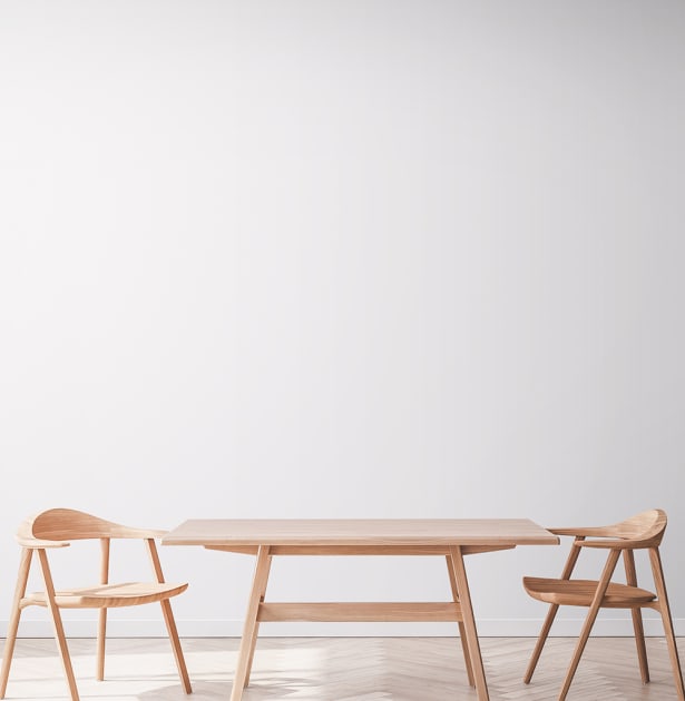 Download Bright dining room with wooden table and chairs mockup