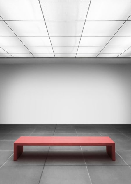 Bright art gallery with colorful bench seat mockup