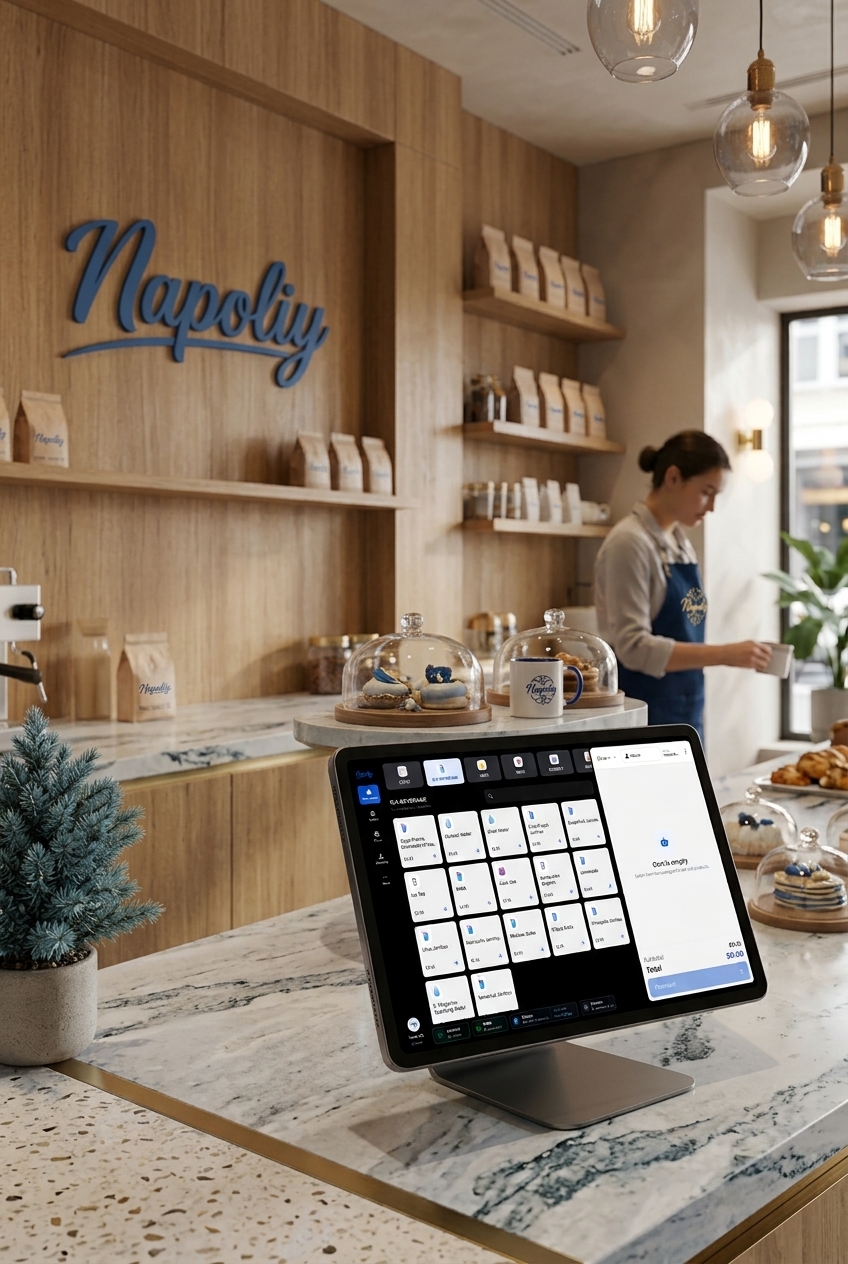 Napoliy restaurant POS terminal at a café counter