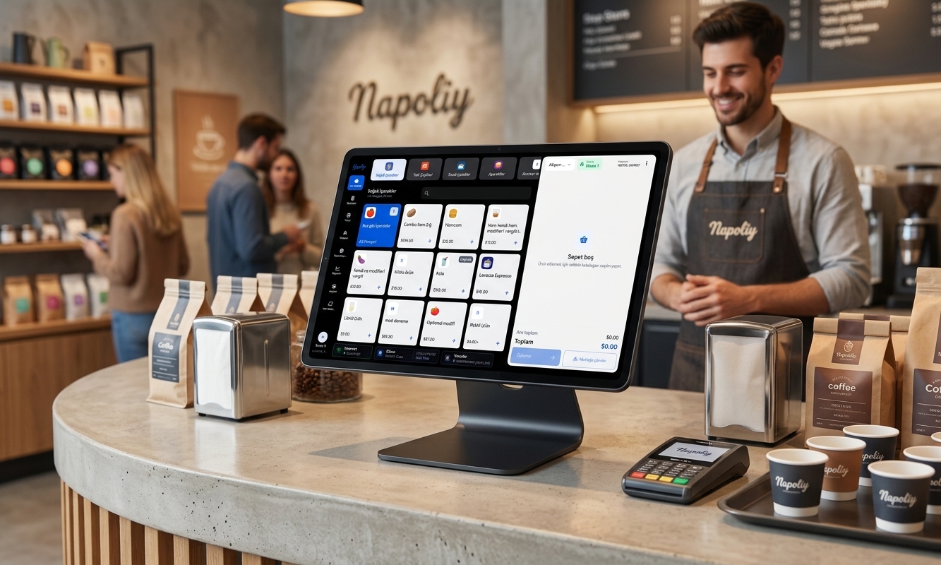 Napoliy restaurant POS terminal in use at a café counter