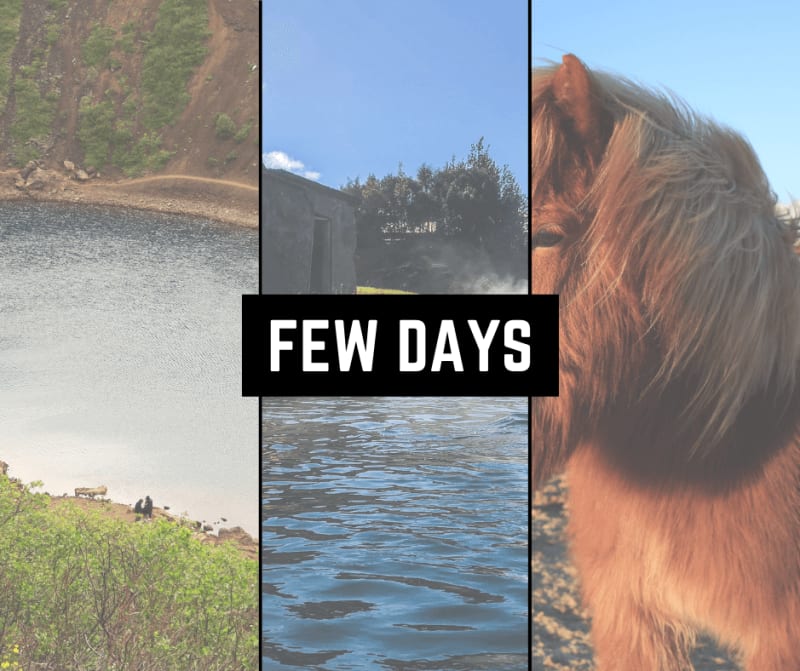 Image of Kerid, Secret Lagoon and a horse in iceland. Car Rental Iceland.