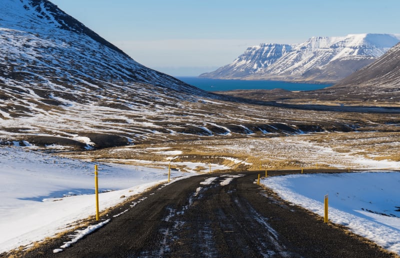 Image of a road in Iceland in the winter time with harsh road conditions