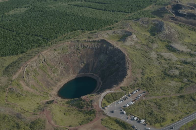 An aerial image of kerid in Iceland