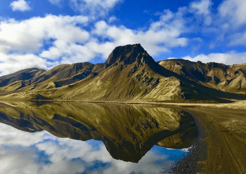 Image of a stunning view of a lake near a mountain in the highlands of Iceland