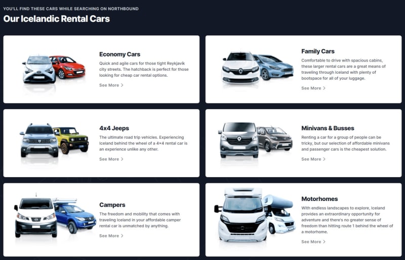 Image of types of rental cars that Northbound, a car rental broker in Iceland, offers.