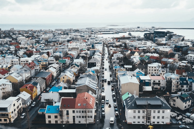 Image of an aerial view of Reykjavik, the capitol of Iceland.