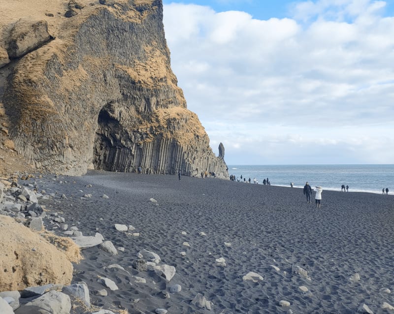 Image of the black sand beach in Iceland, showing the black beach and the basalt rock columns