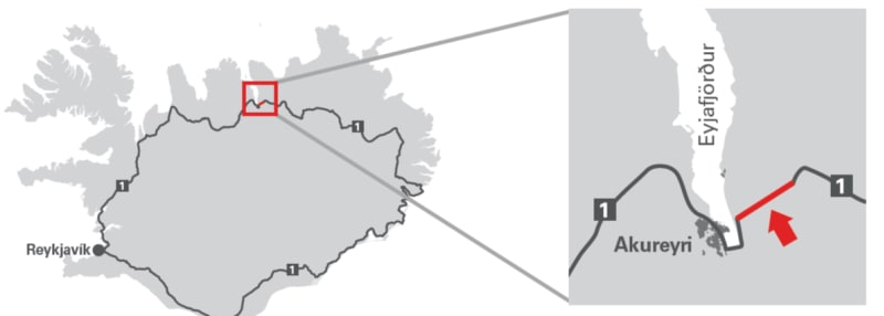 The map of the tolled tunnel in North Iceland, Vadlaheidigong.